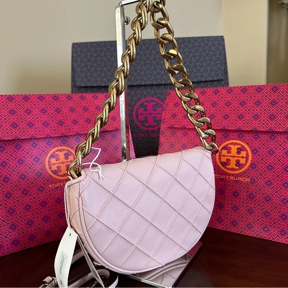 New Tory Burch MINI FLEMING SOFT POLISHED-GRAIN CRESCENT BAG